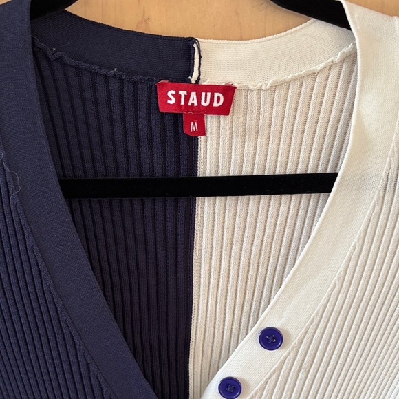 STAUD Navy White Shoko Color Block Long Sleeve Button Ribbed Dress-M - Picture 4 of 8